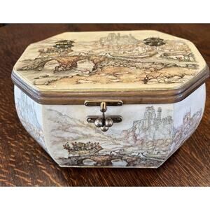 Vintage Anton Pieck Wooden Octagon Decoupage Box Purse, Missing Metal Handle